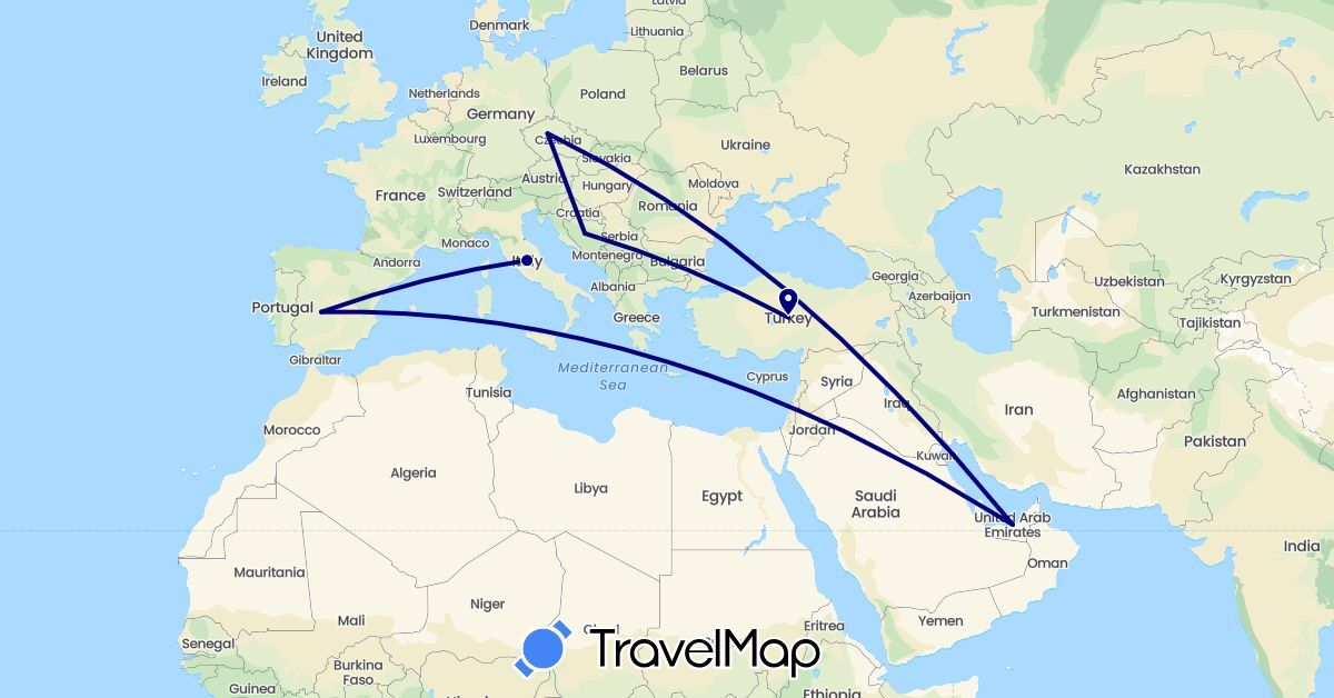 TravelMap itinerary: driving in United Arab Emirates, Bosnia and Herzegovina, Czech Republic, Spain, Italy, Turkey (Asia, Europe)